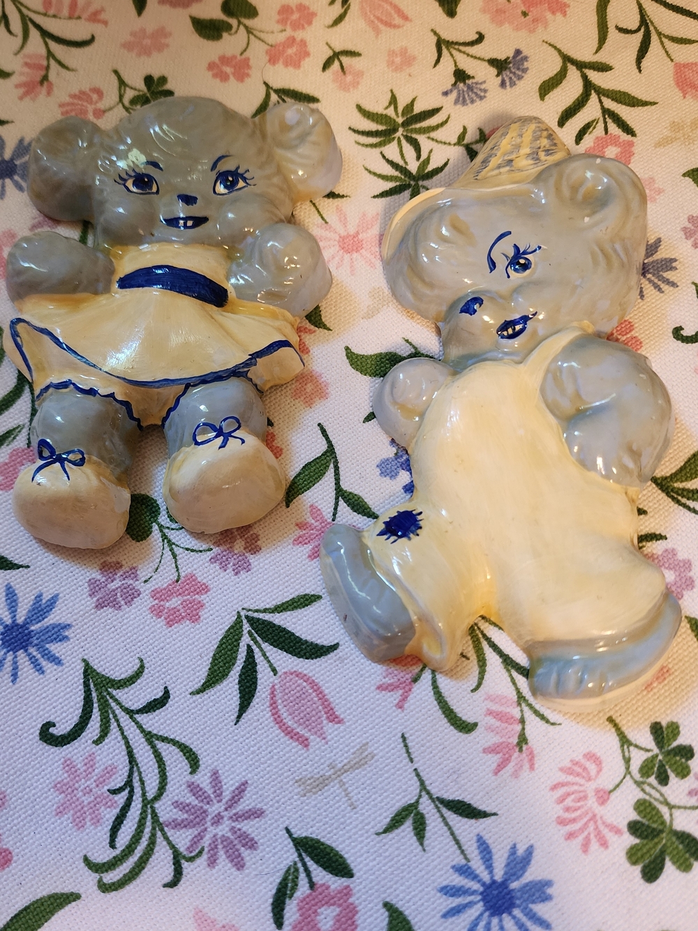 Vintage Ceramic Blue & Cream Teddy Wall Plaques - Pair